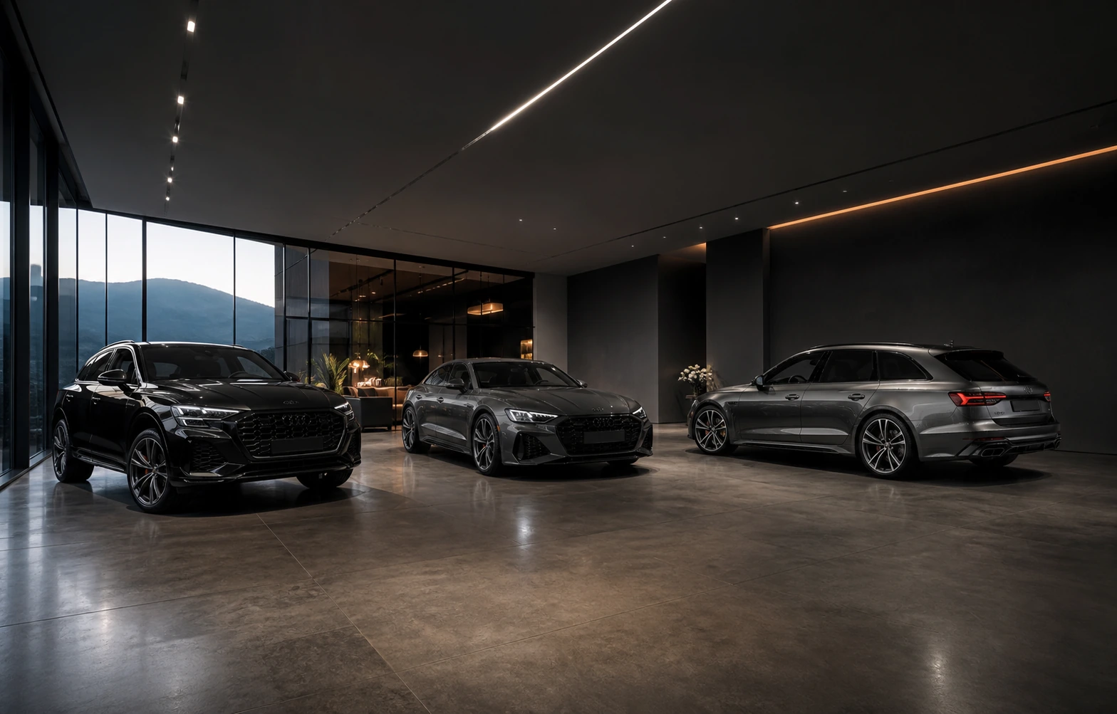 Moderner dunkler Automobil-Showroom mit mehreren Fahrzeugen